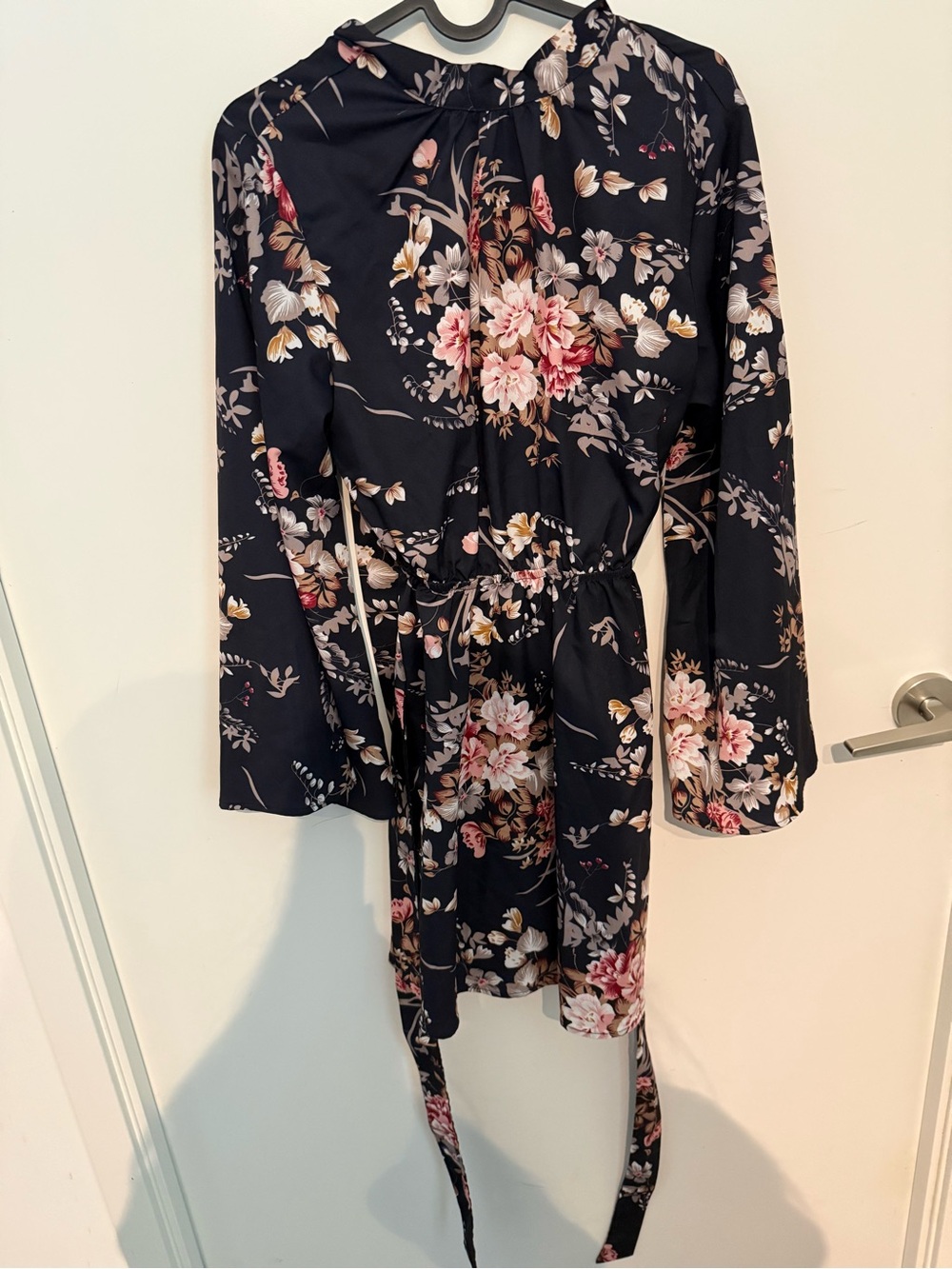 Floral Tie-Waist Long Sleeve Open Back Dress - Black with Pink & Cream Blooms